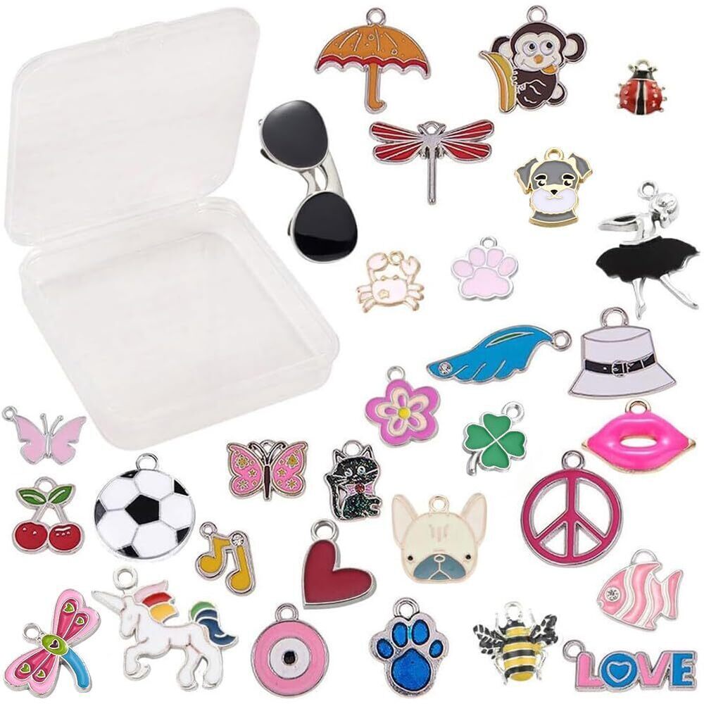 1388 1 Box 30 Styles 30Pcs Assorted Enamel Charms Silver Plated Alloy